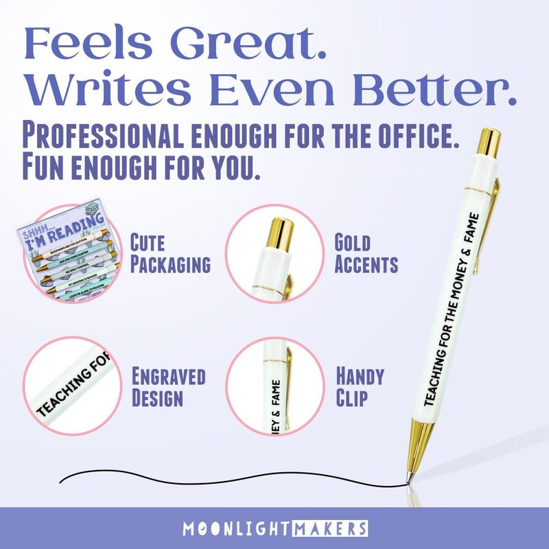 Moonlight Makers - Set of 5 Ballpoint Pens Black Ink - Engraved Funny Pens for Adults - Shh.. I'm Reading - Book Lover Appreciation Gifts - Ideal Desk Decor for Work + Office Desk - Cute Packaging - Image 4